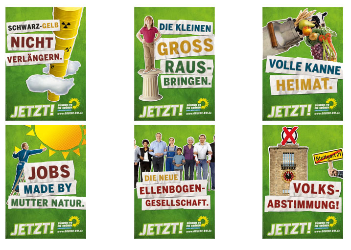 Die Plakate der Grünen, Screenshot von meinekampagne.gruene.de. Dazu schreiben Sie "JETZT! – wir begrünen die Straßen Baden-Württembergs. Mit unseren Plakaten machen wir deutlich wofür wir Grüne stehen: für einen echten Politikwechsel, für eine bessere Bildung für alle, für eine ökologische Modernisierung unserer Wirtschaft, für neue Energie statt Atom, für mehr soziale Gerechtigkeit, für eine nachhaltige Landwirtschaft und für einen Volksentscheid gegen Stuttgart 21."